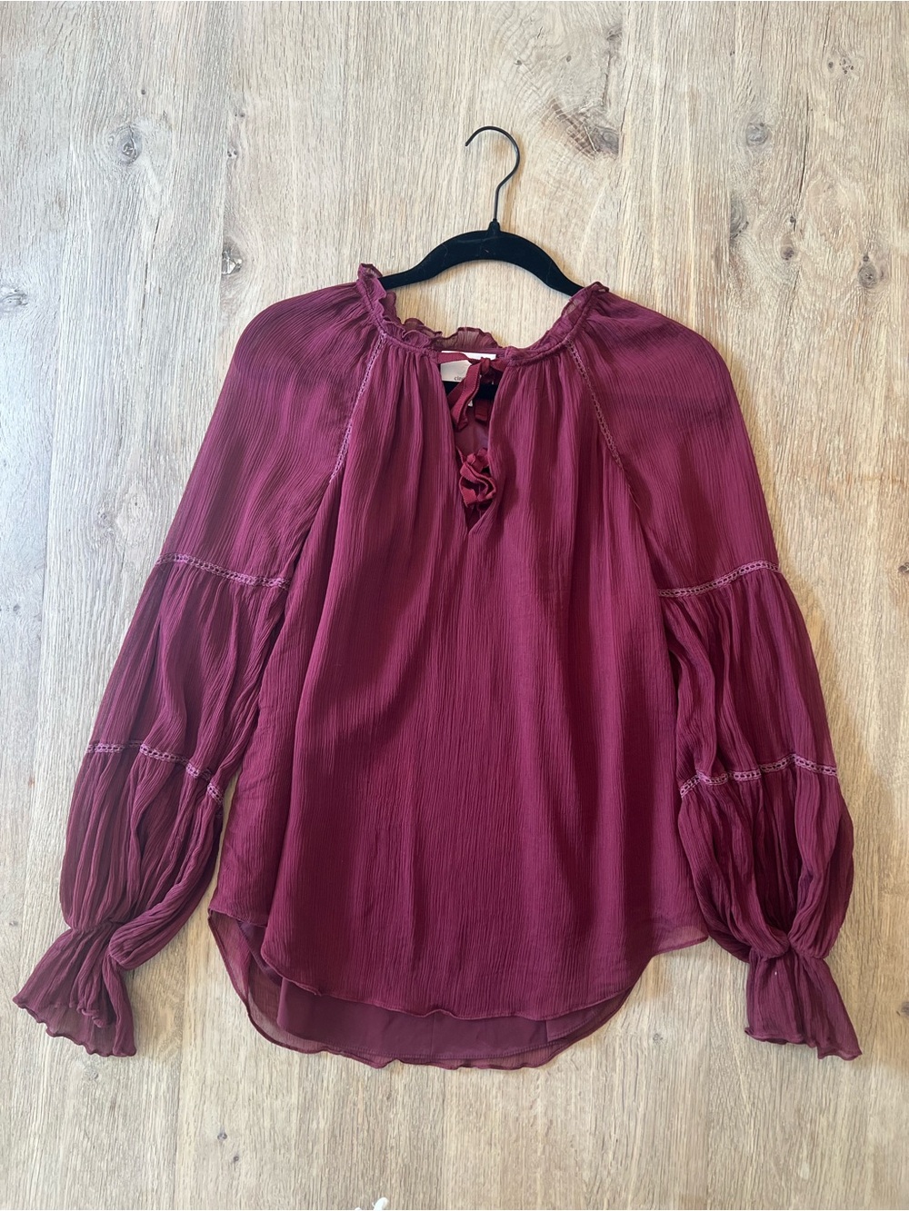 Cinq à Sept Burgundy Ruffle Tie Neck Bell Sleeve Blouse XS